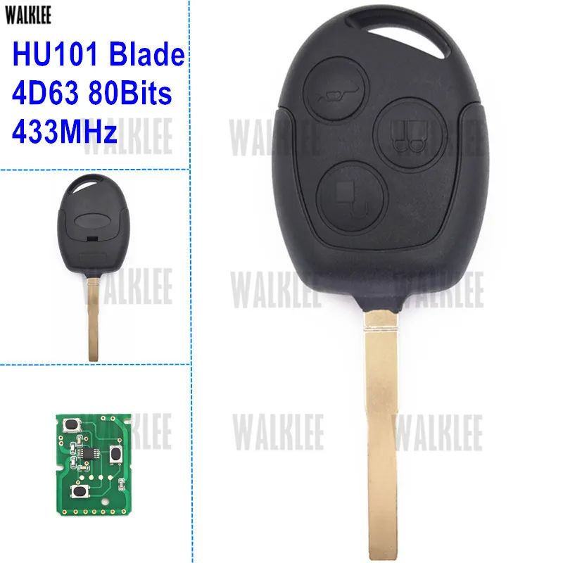 

WALKLEE 3BT 433MHz Remote Key Compatible for Ford Galaxy Focus Mondeo C-Max KA Fiesta 4D63 80Bits w/ HU101 Key Blade