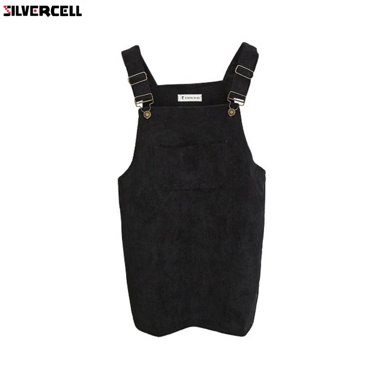 

Fashion Autumn 2018 Korean Women Elegant Pockets Suspender Skirt Corduroy Sleeveless Overalls Skirts