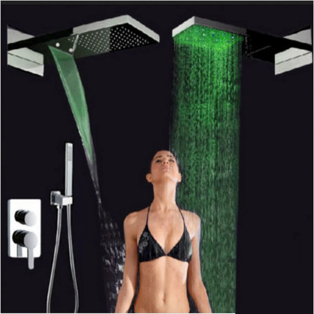 

Contemporary Large 22" Square LED Waterfall Shower Head Single Handle Valve Hand Shower
