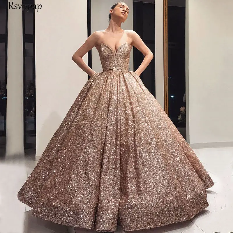 Long Sparkly  Evening Dress  2019 Glitter  Puffy Ball  Gown  