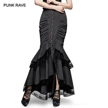 Панк рейв стимпанк изящные длинные юбки в полоску тканые рыбий хвост пуговица для юбки складки кружева Длинная юбка-годе сексуальный взрослый вечер