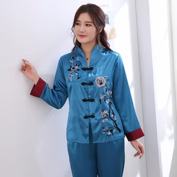 

Hot Sale Blue Women Rayon Nightwear Pajamas Set Vintage Embroidery Sleepwear Pyjamas Suit New Floral Plus Size 3XL Home Wear