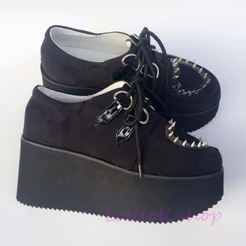 

Princess sweet lolita shoes loliloli yoyo Japanese design custom black flock rivet pattern lace-up flat platform shoes an6678
