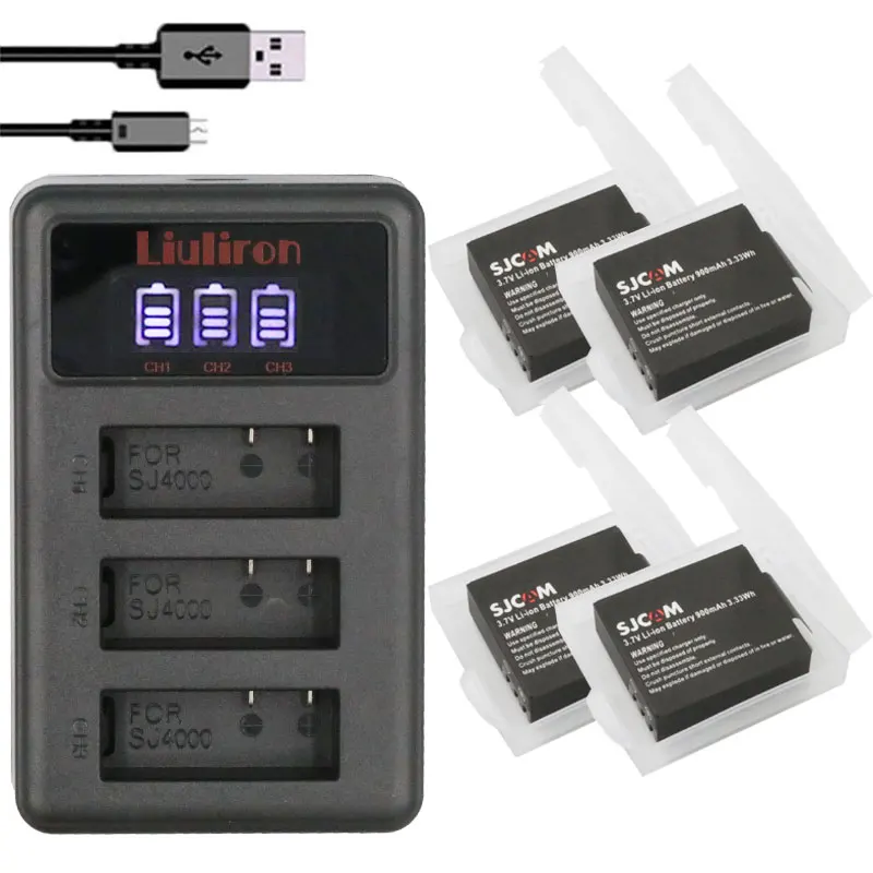 

4Pcs Camera SJ4000 SJ5000 Battery+3lots LCD USB Charger for SJCAM SJ5000X SJ6000 SJ7000 SJ 4000 Wifi M10 EKEN 4K H8 H9