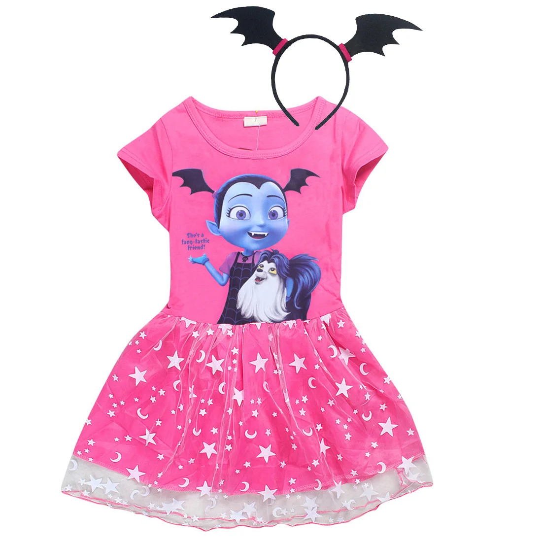 Girls Dress Summer Fashion Vampire Kids Dress Princess Vampirin Children Dresses print Girls Clothes 3 4 6 7 8 Year Costume - Цвет: D6156-Headband