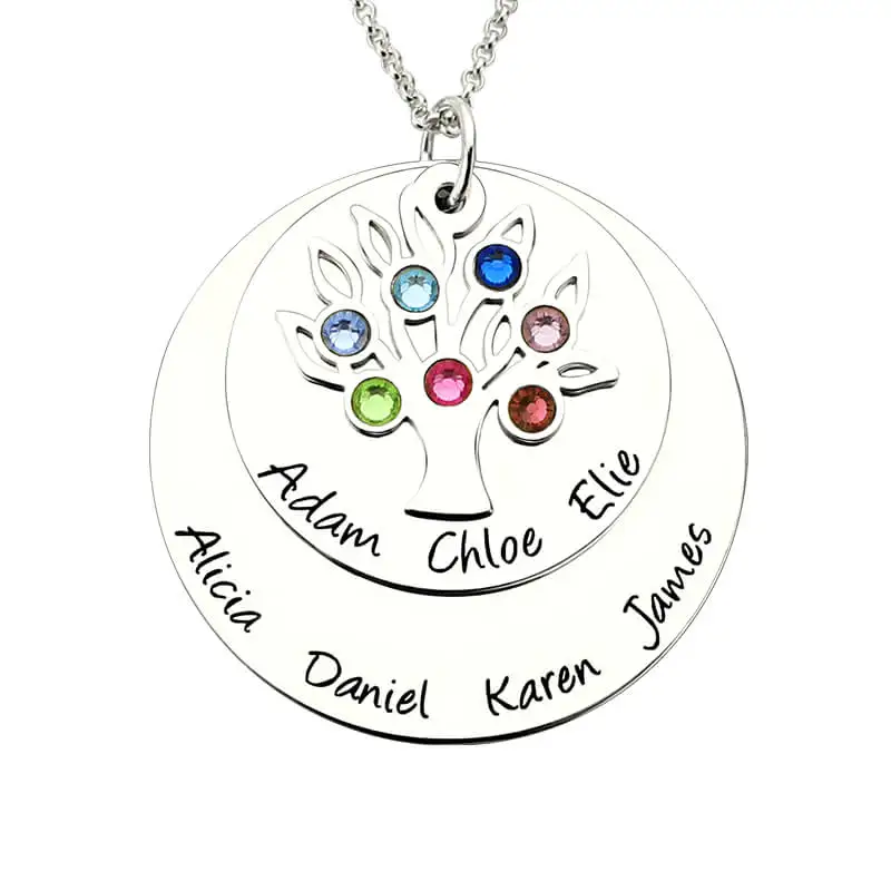 Personalized Family Tree Birthstone Mother Necklace Silver Layered Disc Family Name Necklace Gift for Mother &Grandma stylish adjustable tree of life layered wrap necklace