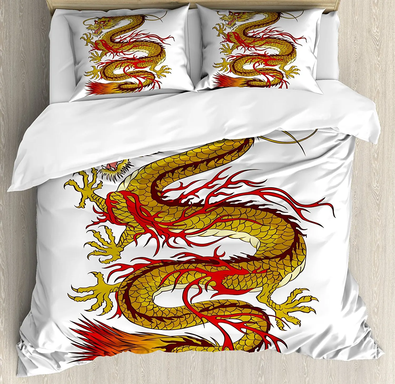 

Japanese Dragon Duvet Cover Set Gold Colored Mythical Fantastic Figure Fiery Character Ancient Cultural 4 Piece Bedding Set