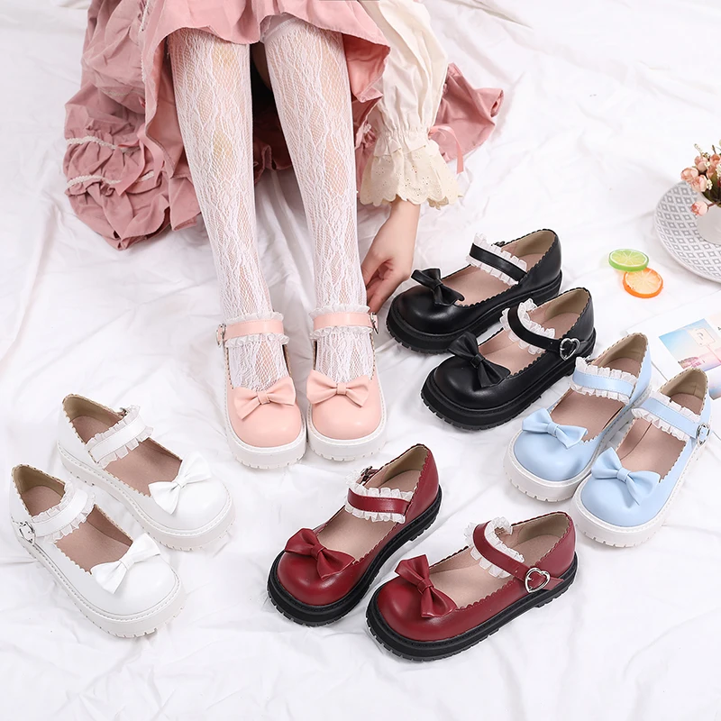 

Daily Japanese Lolita Round Toe Low heel Cute Bow Platform Shoes Cosplay Princess Kawaii Mori Girls Lace Ruffle Female Shoes