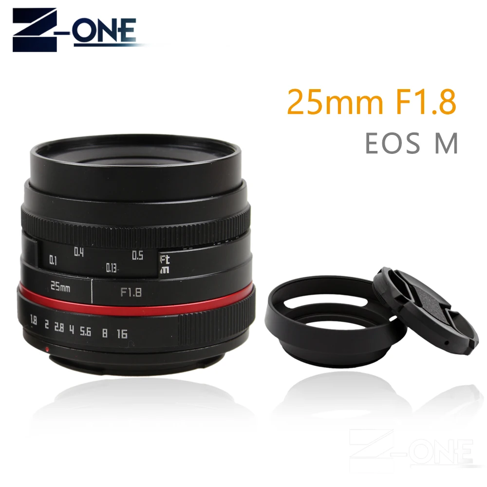 Red 25mm 25 F1.8 Manual Wide Angle Lens+49mm Lens hood for Canon EOS M