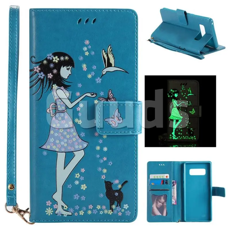 Luminous Flower Girl Cat Leather Wallet Case for Samsung Galaxy Note 8 - Blue