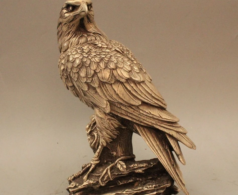 

9" Ferocious China Chinese Silver Lucky Arabia Hawk Eagle Bird Figures Statue