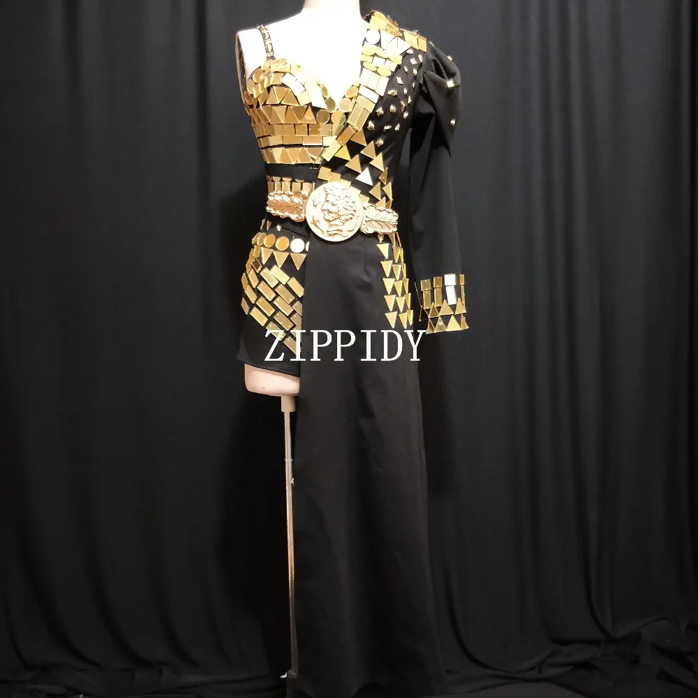 Модные Золотой зеркальный боди Половина Куртка черное пальто вечерние комплект из 2 предметов певица костюм для ночного клуба блёстки