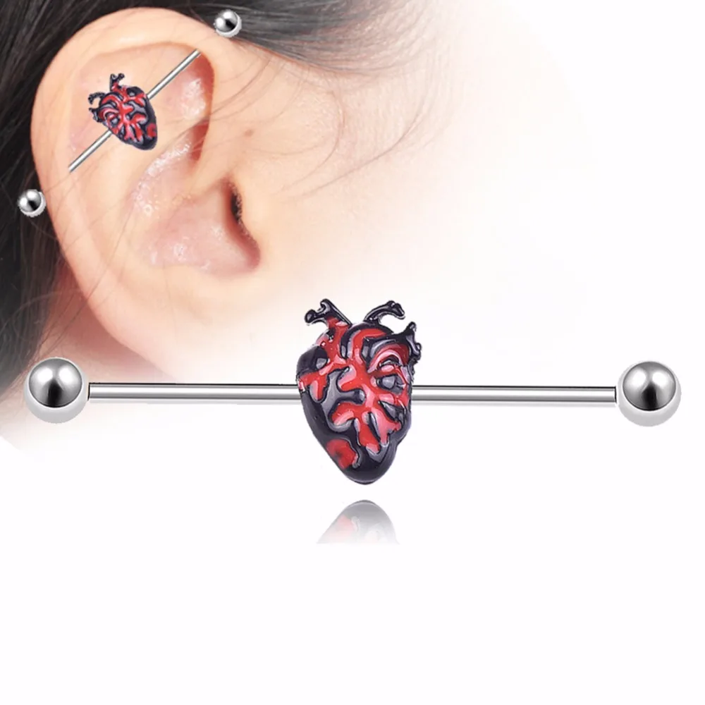 

Punk Style 1PC Stainless Steel Heart Strawberry Long Barbell Piercing Black Red Ear Bone Stud Earring Body Jewelry For Women