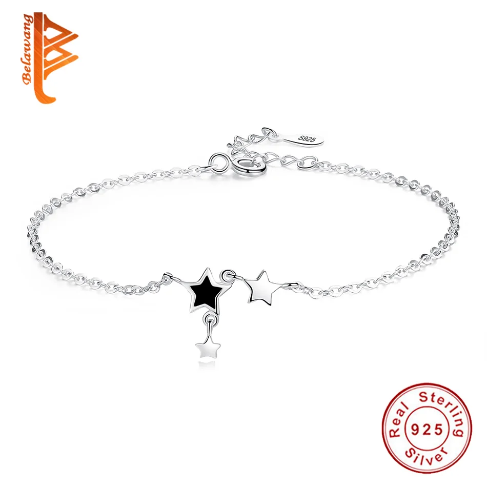 BELAWANG Регулируемый браслет с подвесками для женщин и девочек, черная эмаль, Звездный дизайн, 925 пробы, серебряный браслет, Женские Ювелирные изделия дружбы