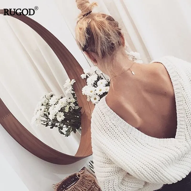 Rugod 2019 New Sexy Backless V-neck Sweater Women Pullover Autumn Winter Casual Knitted Sweater Femme Tricot Pullover Jumpers