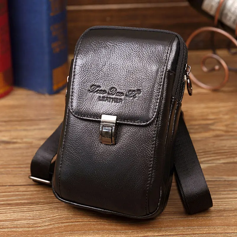 Men Genuine Leather Flap Solid Color Multifunction Crossbody Phone Pouch High Quality  Mobile Phone Credit Card Storage Bags