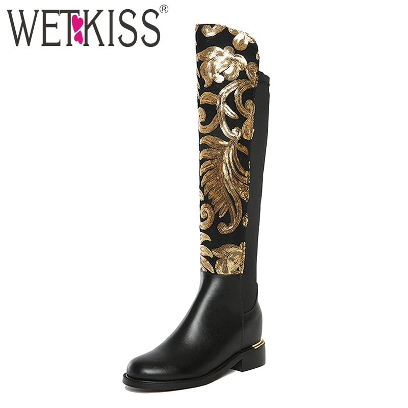 WETKISS Plus Size Luxury Design Shoes Women Bling Gold Sequined Knee High Boots Genuine Leather Stretch Party Autumn Winter Boot