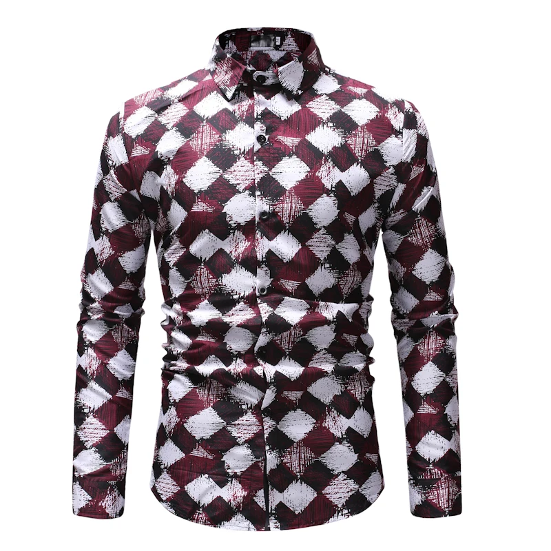

Men Plaid Print Casual Skinny Shirts Fashion Mens Cotton Lapel Floral Long-sleeved Shirts for Male Purple Coffee M-3XL