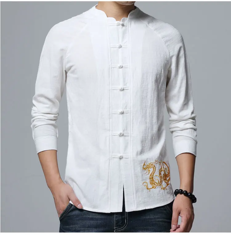 Mwxsd высококачественные повседневные летние мужские хлопковые мужские льняные рубашки ретро костюм для выступлений рубашка в китайском стиле Мужская рубашка с вышивкой дракона - Цвет: Белый