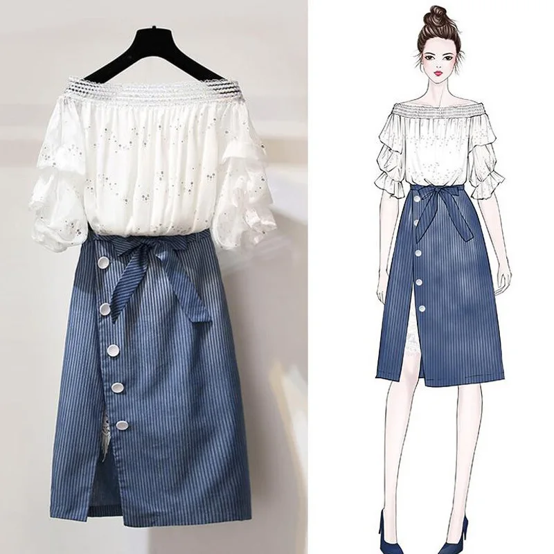 

2 piece set women skirt and white top Off Shoulder Crop Top Womens Casual Summer 2 Piece Outfits for Women 2019