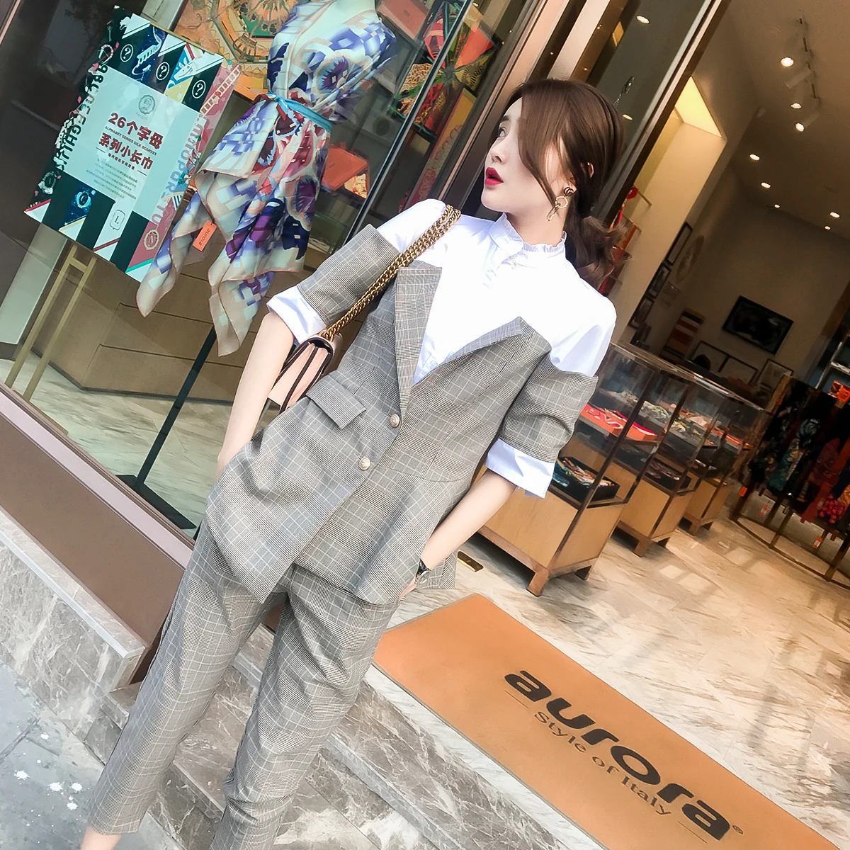 Yuxinfeng New Spring Autumn Women Blazer Pants Suit Sexy Fashion Plaid Patchwork Work Trousers Suit Set 2 pieces Outfits