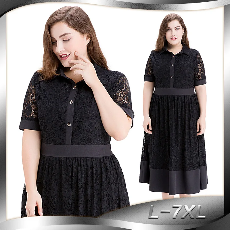 

5XL 6XL 7XL Plus Size Women Lapel Shirt Lace Dresses Summer Short Sleeve High Waist Dress Elegant Female Oversized Midi Dress