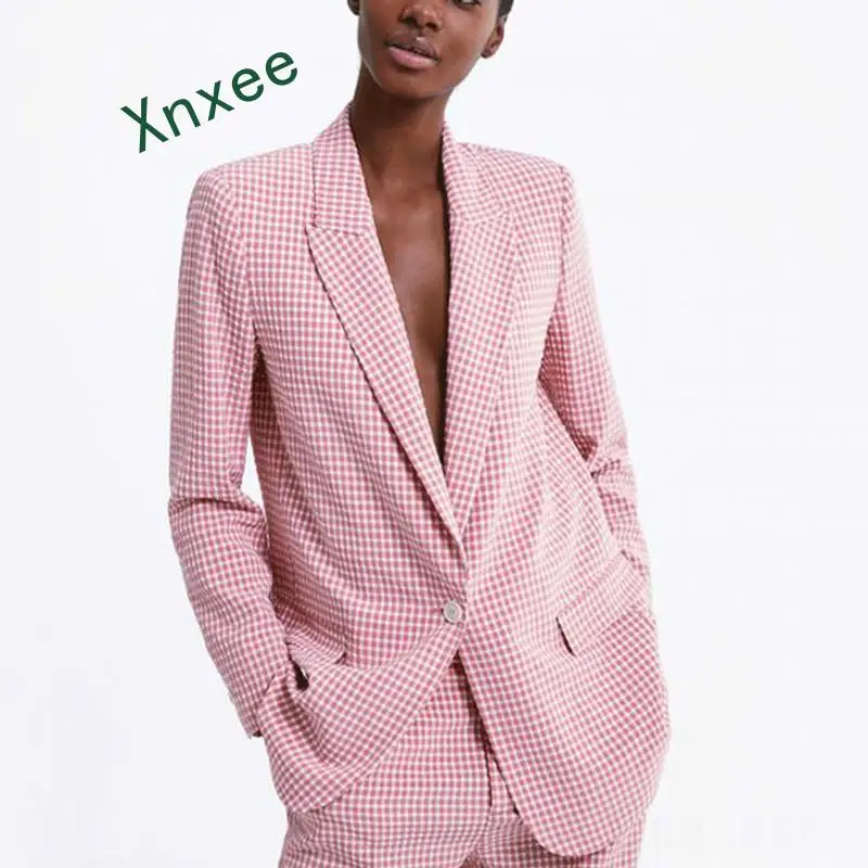 

Xnxee chic plaid blazer pockets buttons office lady blazer long sleeve coat female outerwear women blazers and jackets