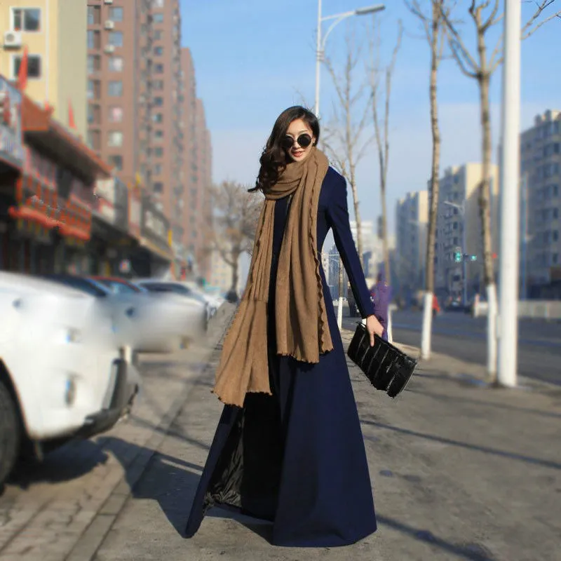 Осенне-зимние женские макси куртки в пол, повседневные длинные тонкие шерстяные пальто, кашемировое пальто, манто, верхняя одежда - Цвет: Тёмно-синий