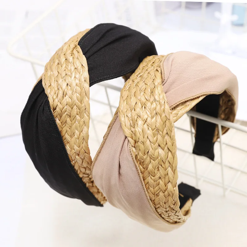 

Fashion Straw Weaving Hair Bands for Women Two-color Splice Headband Girls Cross Knot Hairband Hoop Handmade Hair Accessories