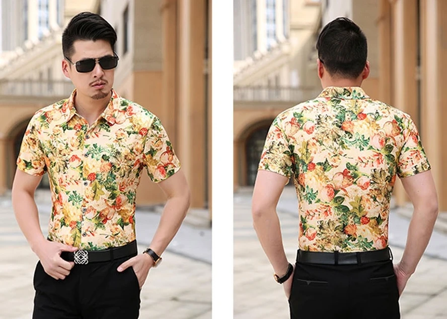 Mens Orange Green Floral Shirt Slim Fit 