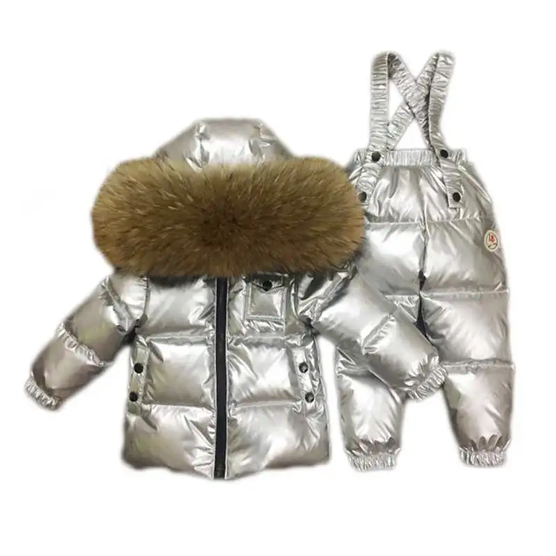 

2018 Winter 90%White duck down jacket boys girls ski suit children's clothing sets real Raccoon fur collar jacket suit for kids