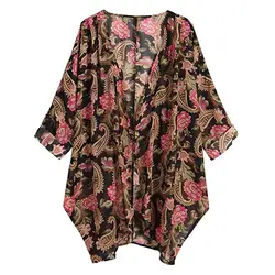 2018 Летняя мода Женская Цветочный принт блузка с длинным рукавом шифон кардиган свободные кимоно Блузка Топы Большие размеры v-образным
