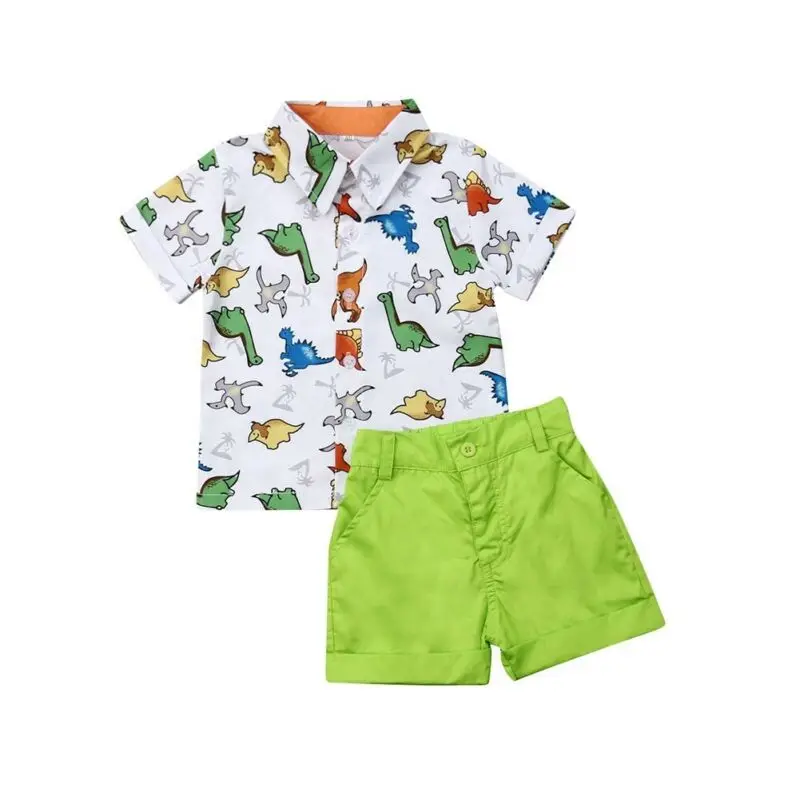 New Toddler Baby Boys Summer Dinosaur Cartoon Short Sleeve Tops T-shirt +Solid Color Pants Shorts 2Pcs Outfits Kids Clothes Sets |