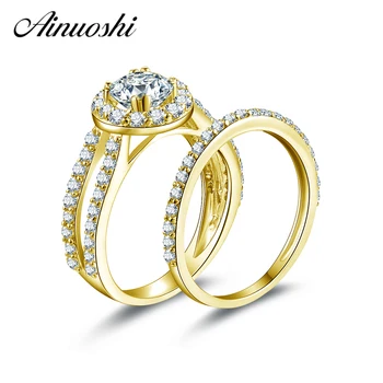 

AINUOSHI 14K Solid Yellow Gold Bridal Ring Set Brilliant Round Cut Sona Simulated Diamond Halo Ring Engagement Wedding Band Ring