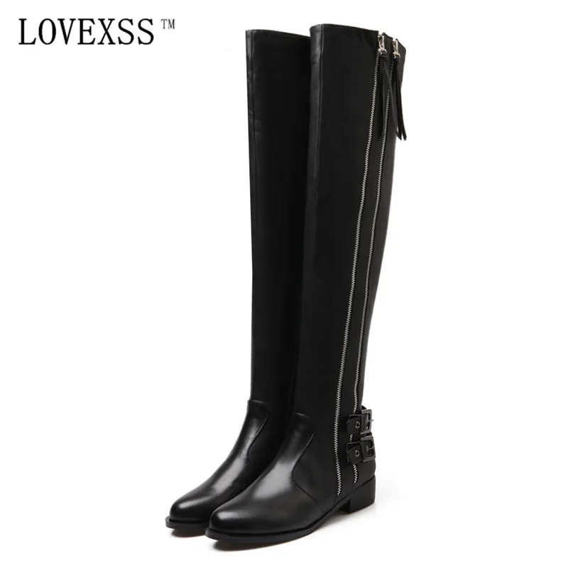 

LOVEXSS Full Grain Leather Buckle Over-the-Knee Boot 2017 Winter Short Plush Square Heel Black High Boots High Fashion Knee Boot