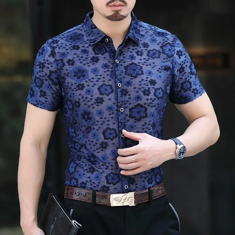 Уличная бархатная рубашка Camicia Uomo Camisa социальная Мужская рубашка модная футболка с цветочным принтом прозрачный короткий рукав рубашка Camisa Hombre