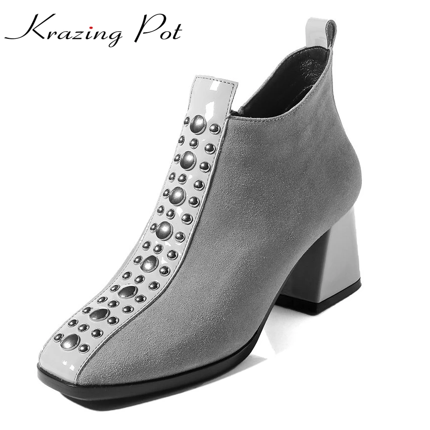 Krazing Pot recommend cow suede big size brand winter shoes thick heel square toe rivets women warm party causal ankle boots L02 Krazing Pot recommend cow suede big size brand winter shoes thick heel square toe rivets women warm party causal ankle boots L02