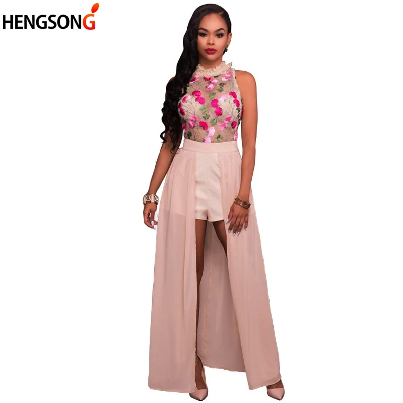 

2018 New Summer Women Dress Mesh Flowers Embroidery Playsuit Women Rompers Dress Ankle-Length Beach Dress Vestidos Fashion