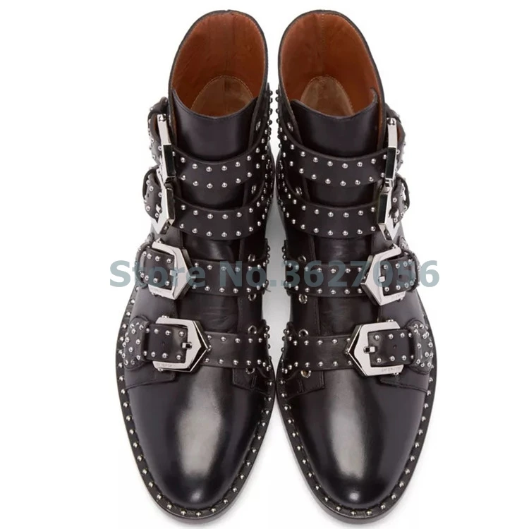 

Dark Green Suede Rivet Martins Boots Mixed Colors Black Buckle Strap Pointed Toe Cool Neutral Women Ankle Boots