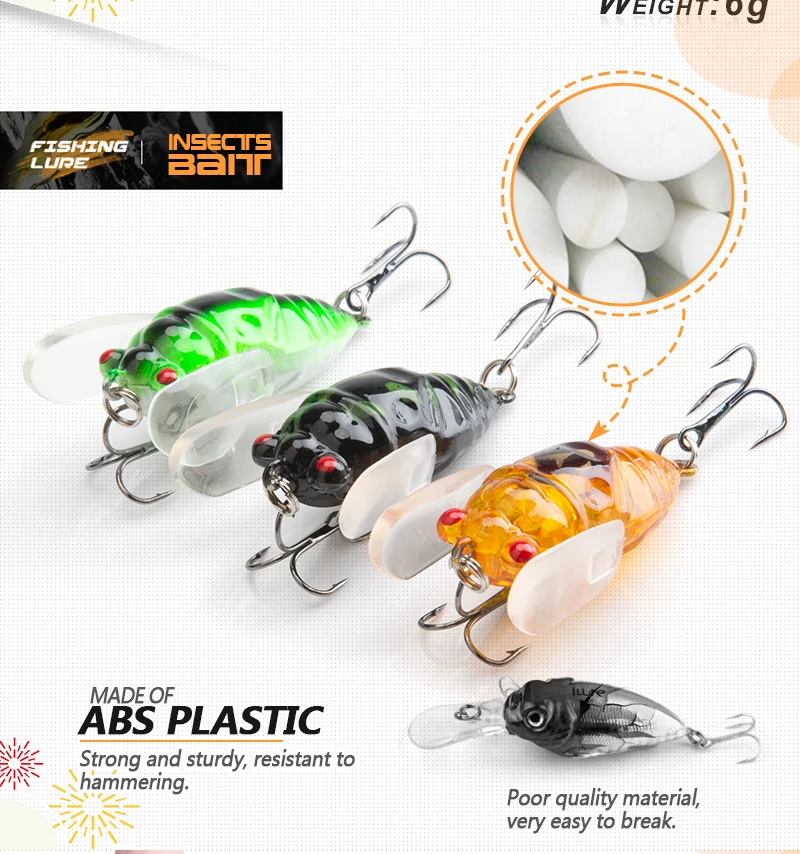 DONGQL 1Pc Insects Fishing Lure 4cm 6g Artificial Cicada Bait Topwater Bass iscas para Pesca Crankbait Wobblers Fishing Tackle (7)