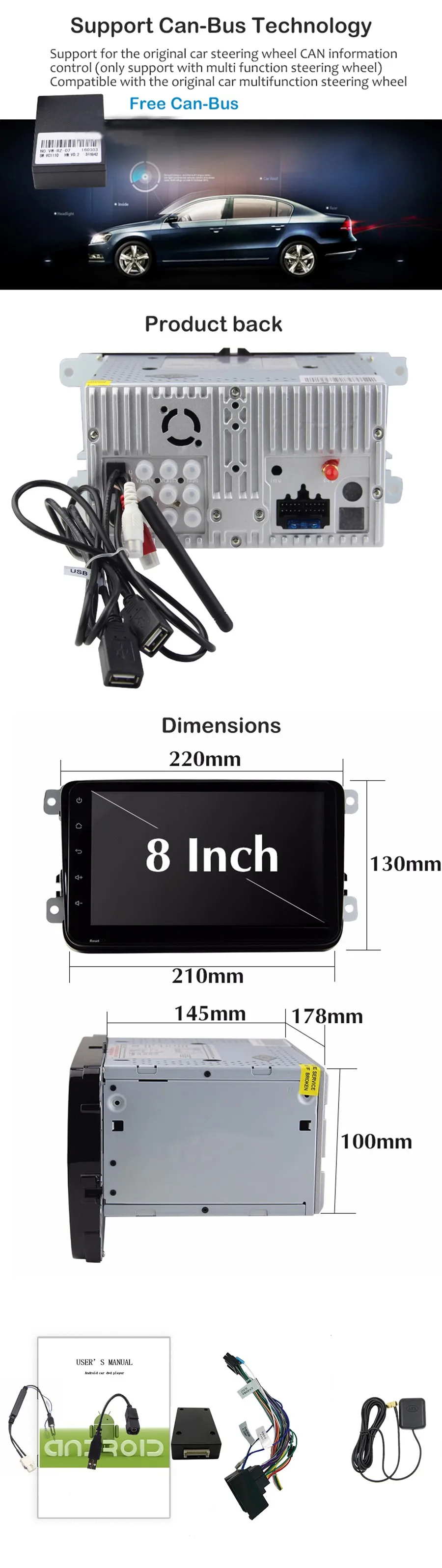 Sale Two Din 8 Inch Quad Core android6.0  Car DVD Player For Vollkswagen,POLO/PASSAT/Golf/Skoda/Seat With Radio GPS BT(no dvd) 6