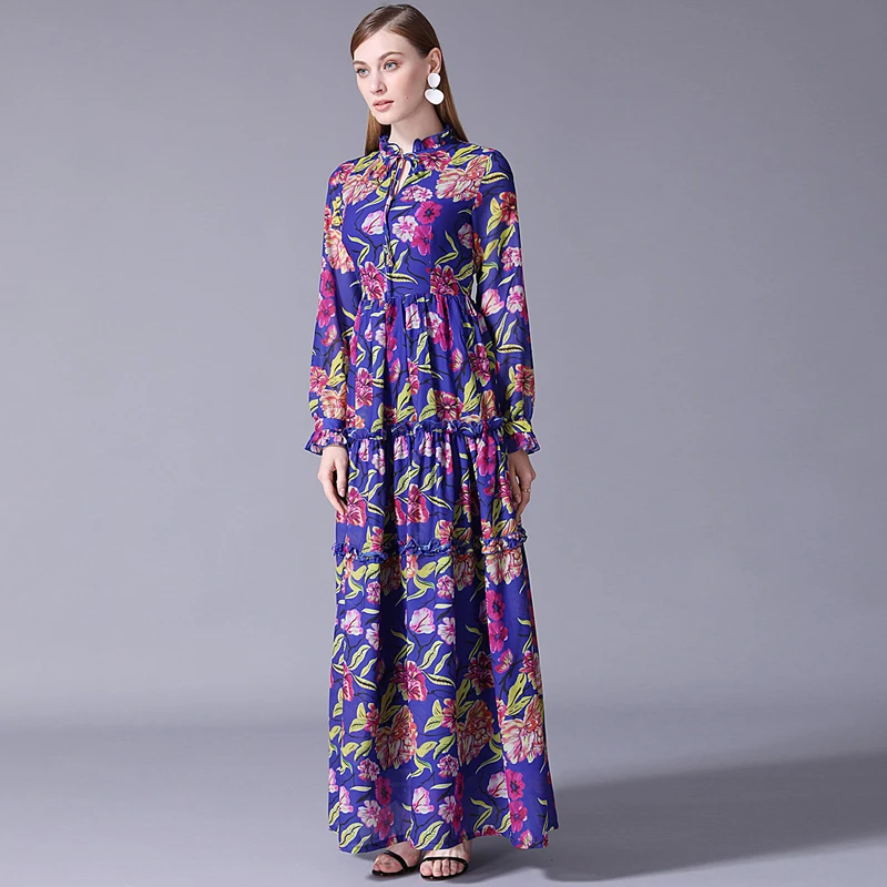 

XF 13 S~5XL Oversize 2018 Fashion Designer Runway Summer Fall Women Ruffle Collar Long Sleeves Floral Print Floor Long Dress