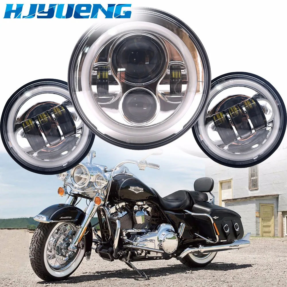 

60w 7inch Led Headlights White Halo Angel Eye+2pcs 4.5"Inch Led Fog Lights Halo For 66 Touring Electra Glide Road