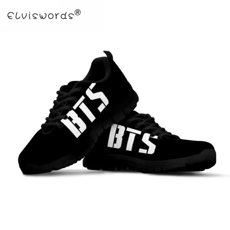 

ELVISWORDS Black Kpop BTS Sneakers for Women Casual Flat Shoes Breathable Female Ladies Mesh Shoes Flats Plus Size Footwear 2018