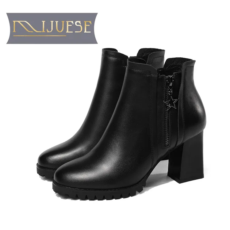 

MLJUESE 2018 women ankle boots cow leather black color autumn spring platform high heels women motorcycle boots size 34- 41