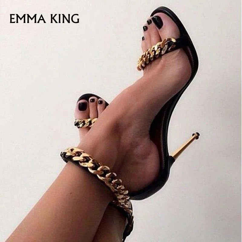 

New Summer Ladies Concise Golden Chains Strappy Sandals Women Open Toe Stiletto High Heels Sexy Ankle Strap Party Shoes Women