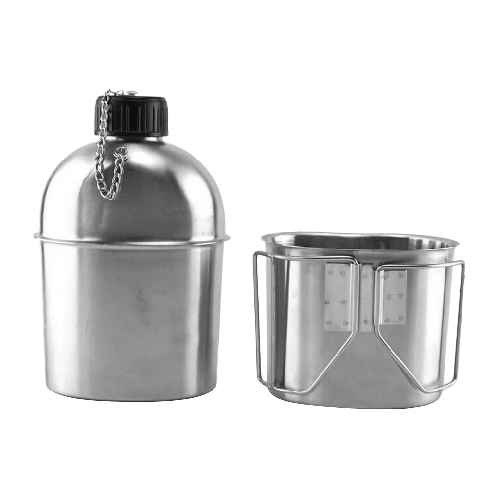 Outdoor Camping Stainless Steel 1L Kettle and 0.6L Water Cup Set for Outdoor Adventures Camping Hiking Picnic BBQ Tableware