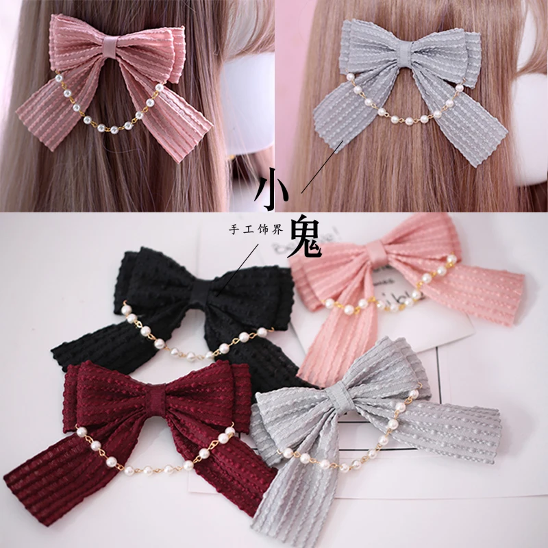 

Kawaii Lolita Pearl Chain Side Clip Hairpin Vintage KC Big Bow Handmade Japanese Sweet Women's Cosplay Headwear Hair Accessories