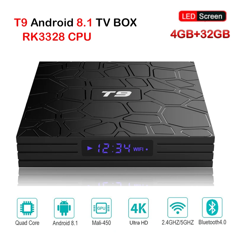 

4GB 32GB Android 8.1 TV Box T9 RK3328 Quad Core 4G/32G USB 3.0 4K Set Top Box 2.4GHz WIFI Bluetooth 4.0 IPTV Smart Media Player