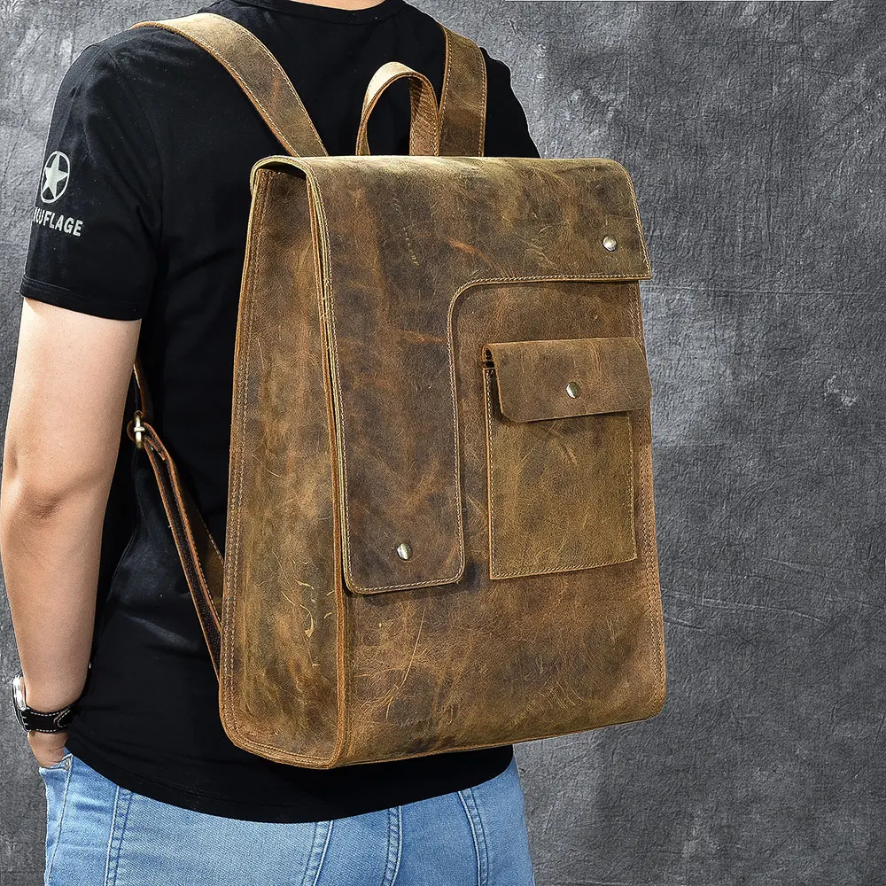 

Hot vintage crazy horse genuine leather backpack bag mochilas escolares para adolescente meninas backpack school women man bag